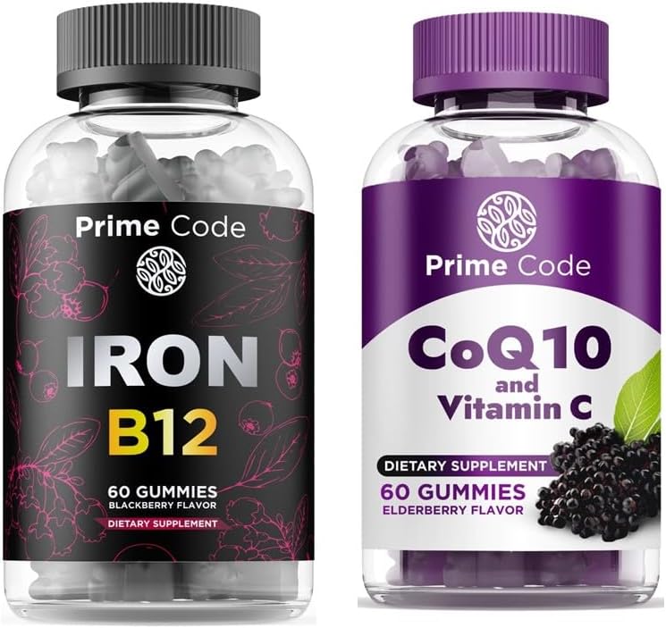 Prime koodi Rauta Gummies naisille ja miehille B12, [2 in 1] CoQ10 200 mg & C-vitamiini 250 mg Gummies