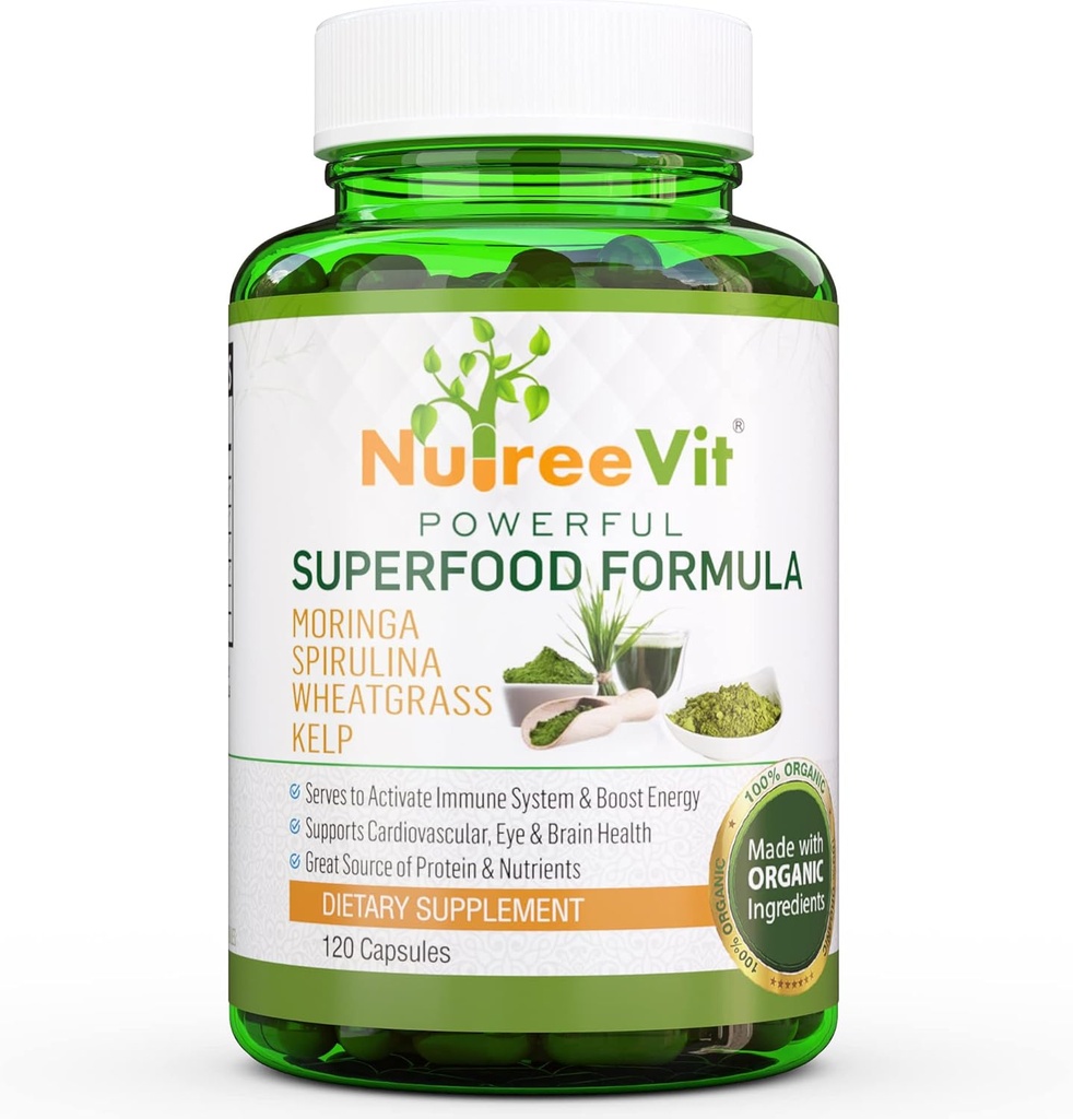 NutreeVit 100% organisk kraftfull superfood Formel - Immun System Booster Energy Pills med Moringa, Spirulina, Wheatgrass och Kelp - 240 greve flaska