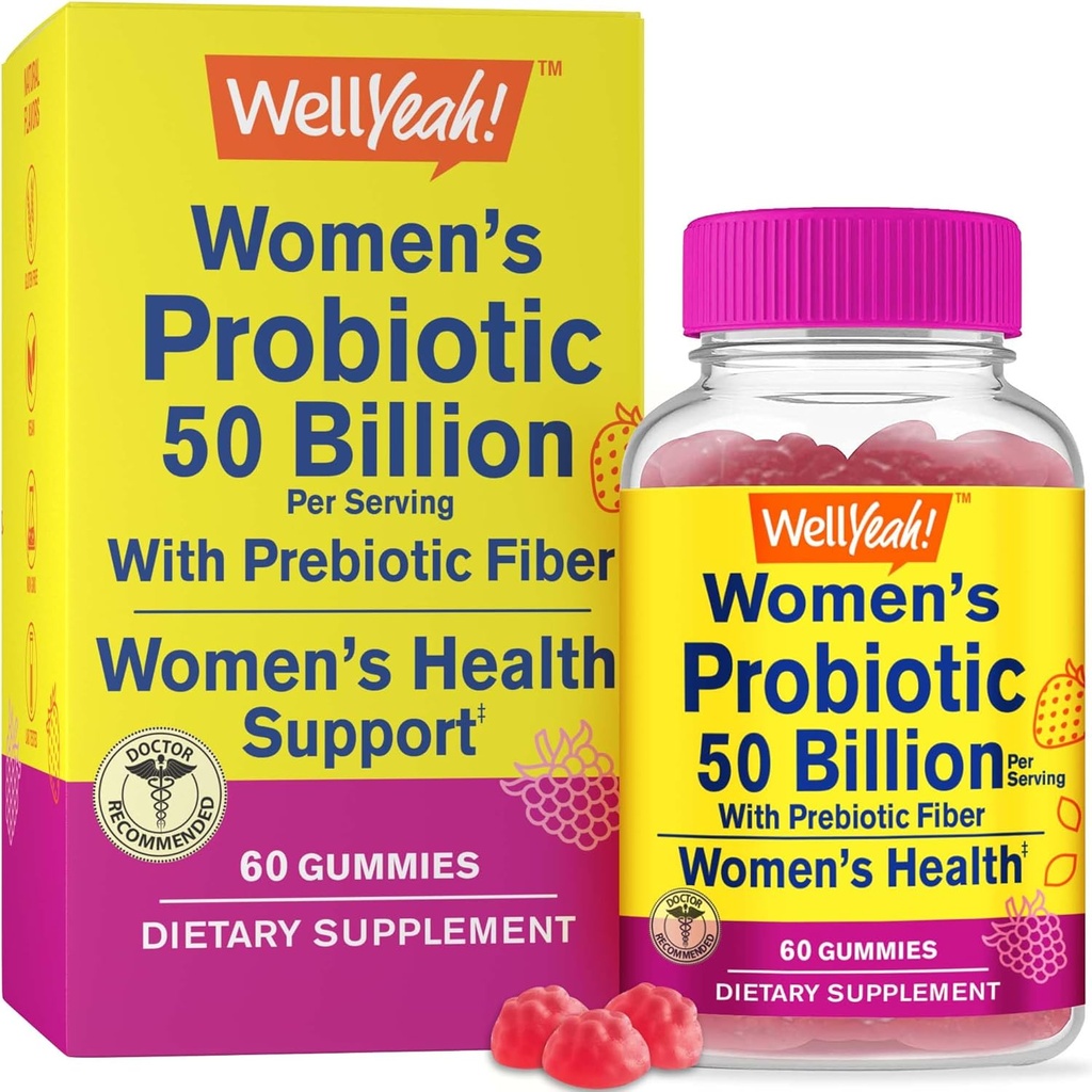 WellYeah Naisten Probiootti 50 miljardia Gummies 12 kanta - Prebioottikuitua digestiivinen - emätin, digestiivinen, immuuni Suport ja Gut Health - Hylly vakaa Probiootti Gummies - 60 Gummies