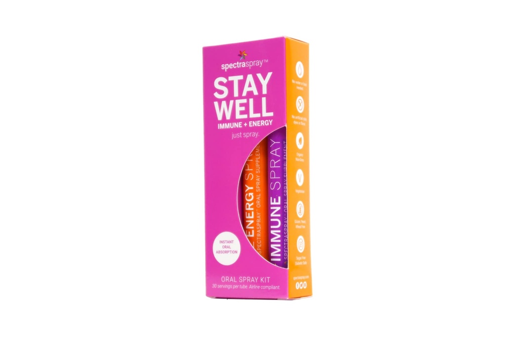 Spectraspray Travel Wellness Stay Wellness - Immunosupport & B12-vitamiini suusumutteet Nopea immuniteetti Boost & Active Form of B12 for Recovery & Energy, Vegan & Gluteeniton, 30 päivän tarjonta per ruisku