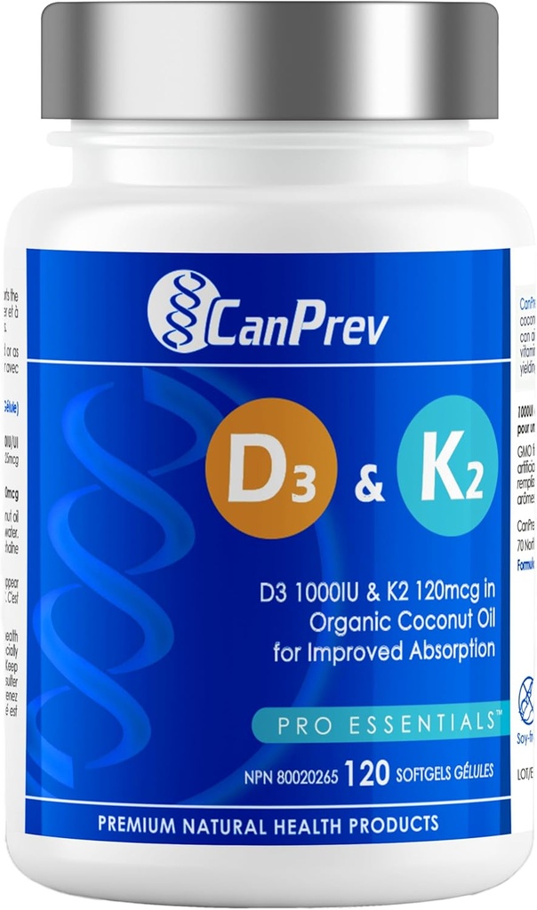 CanPrev D3 & K2 Vitamins 120 Softgels, 120-Day Supply, 1000IU Vitamin D3 & 120mcg K2, stöder starka ben, tänder och hjärta Wellness, Easy-to-Absorb med Organic Coconut Oil, No GMO, Gluten, Soy, Dairy