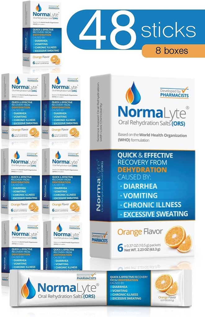 NormaLyte Oral Rehydration Salts-48 Sticks Packs (Yields 500ml per pakkaus)-Orange...Energialisät, kaliumlisä, nesteytys ja nopea imeytyminen