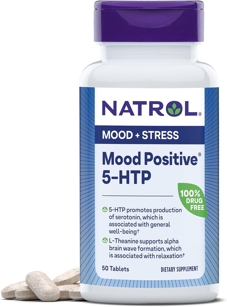 Natrol Mood positiivinen 5-HTP ja L-Theanine tasapainotettu mieliala ja rentoutuminen, 50 tablettia, jopa 50 päivän tarjonta