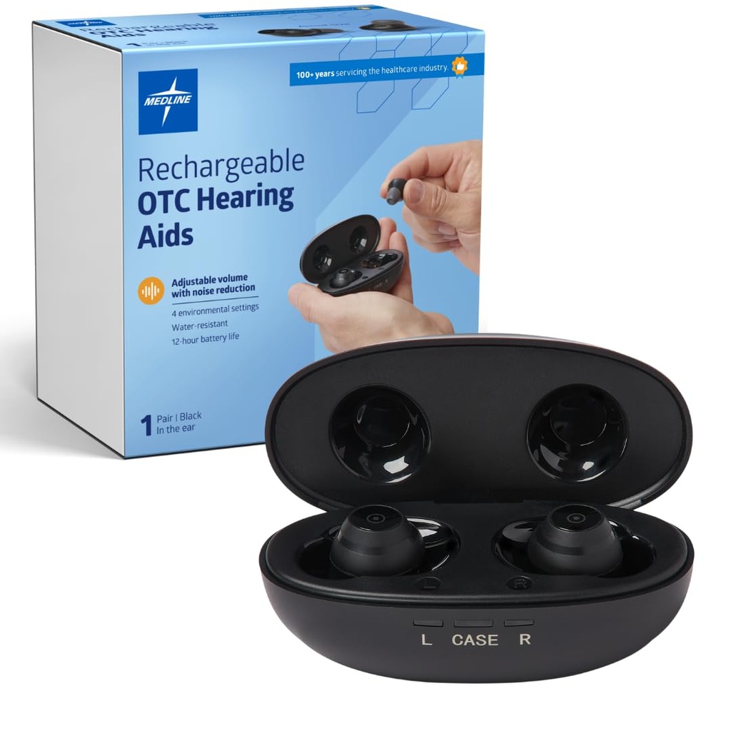 Medline Ladattavat OTC kuulolaitteet, mustat, in-Ear, 4 ympäristöasetukset, vesitiivis, säädettävä tilavuus, lievä tai kohtalainen kuulon menetys, melun vähentäminen, kuulolaitteet