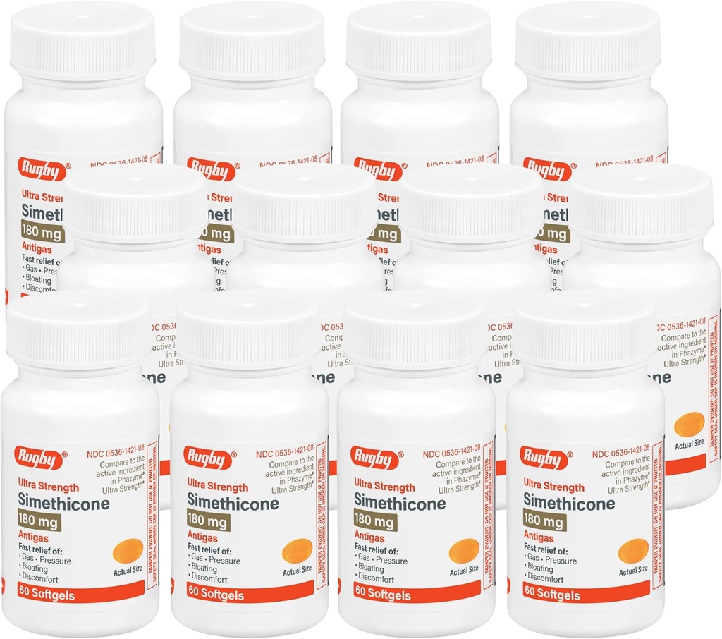 Rugby Ultra Strength Simeticone Gas Relief 180 mg - Suurin kaasu helpotus aikuisille - voi auttaa oireita ilmavaivat, turvotus, kaasun täyteys - 60 Softgels (12 pakkaus)
