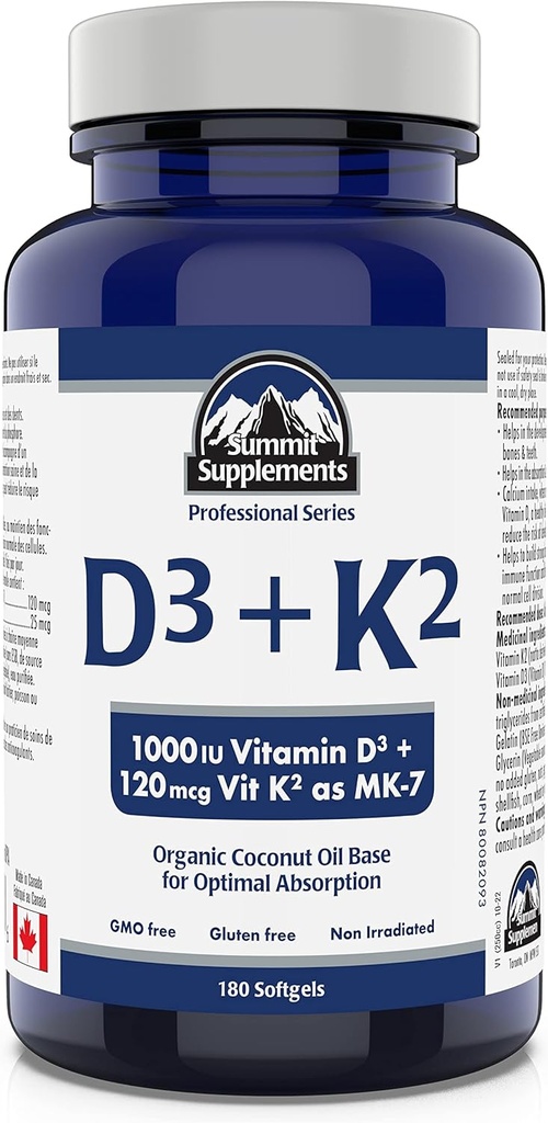 Summit lisäravinteet - D3-vitamiini K2, 180 Softgels - Suunniteltu auttamaan sinua säilyttämään terveet luut, hampaat ja lihakset - Tuki kehon kalsiumin imeytyminen ja vähentää murtumien riskiä