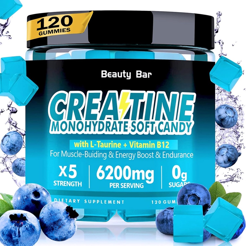 Kreatiini Monohydraatti Gummies,6200 mg miehille ja naisille, purutabletti parantaa lihasten kasvua, voimaa ja hyödyntämistä, sokeriton pre-Workout täydentää,120 Count, Blueberry maku
