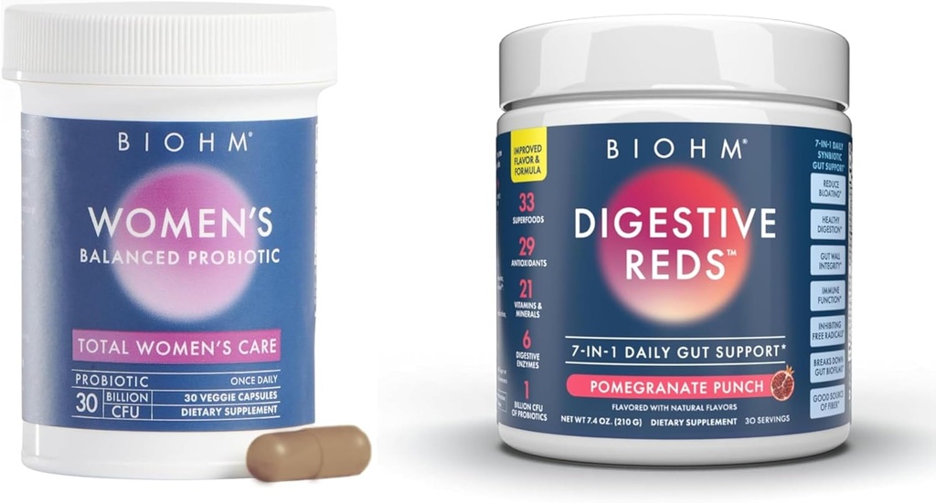 BIOHM Naisten probiootit 30B PMY & 210 oz Essential Digestive Reds Powder Bundle, kattava Gut & Vaginal Health Support, Rikas antioksidantteja, Entsyymit, vitamiinit
