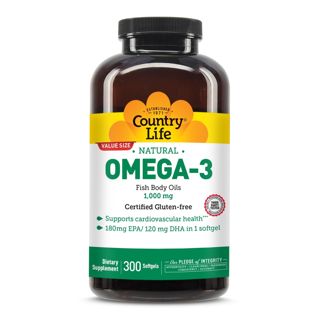 Maa Life Omega-3 Fish Oil Supplement, 1000mg, 180mg EPA & 120mg DHA, Fish Oil Concentration, Burpless, 300 Softgels, Certified Gluteeniton