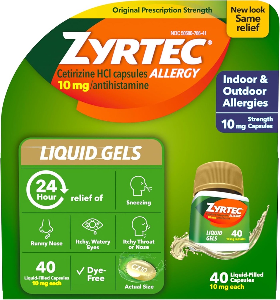 Zyrtec 24 h Allergia Relief Liquid Geels, Antihistamiini kapselit setiritsiini HCl Allergy Medicine for All-Day Relief from Runny Nenä, Aivastelu, kutiava silmät & enemmän, 40 kreivi