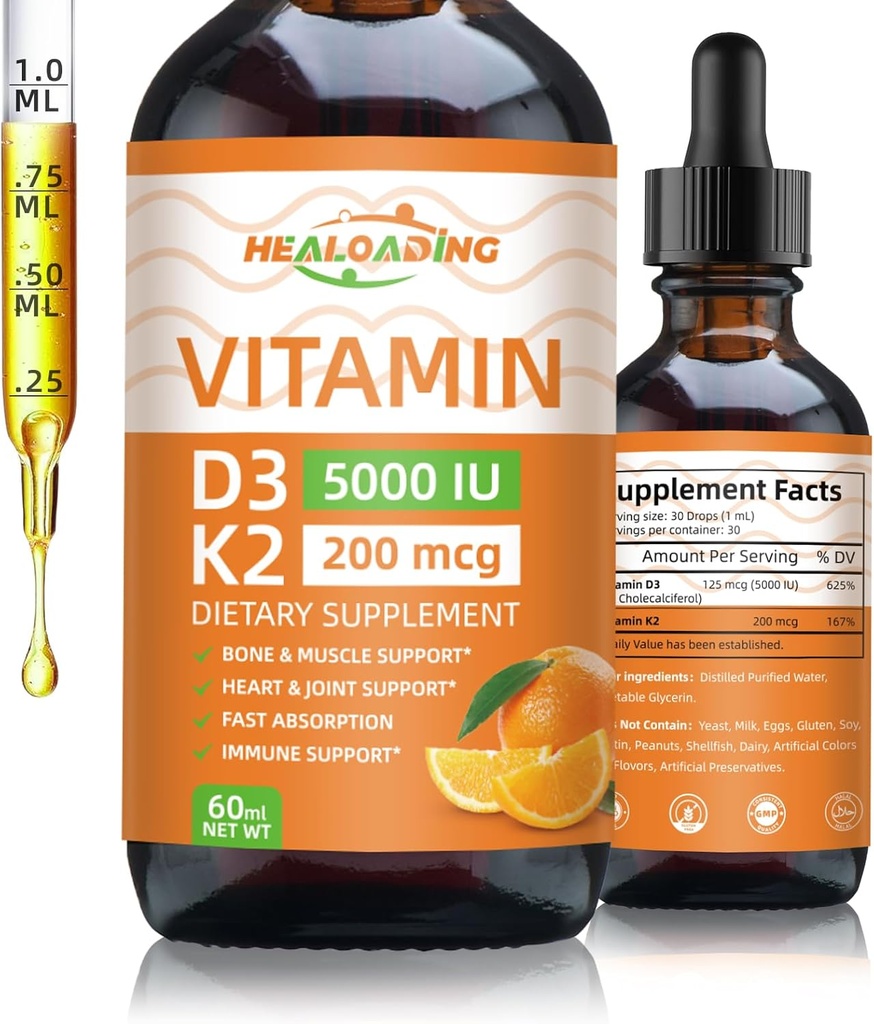 Orgaaninen D3-vitamiini + K2-tipat: 5000 IU Kasvipohjainen D3 & 200 mikrog K2-nestelisät .