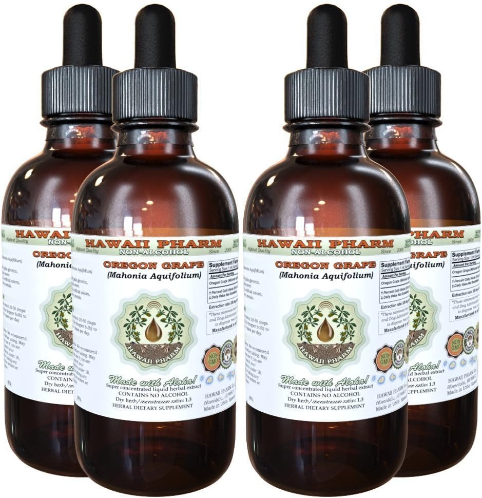 Hawaii Pharm Oregon Grape Alcohol-Free Liquid Extract, Oregon Grape (Mahonia aquifolium) Torkade Root Glycerite Natural Herbal Supplement, USA 4x4 fl.oz