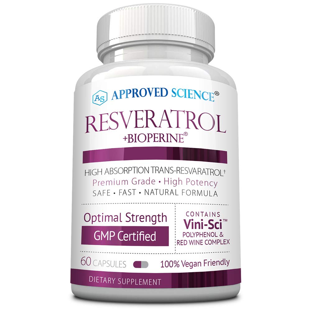 Godkänd Science® Resveratrol - 1000 mg Trans Resveratrol - 250 mg polyfenol - 98% Purity Level - Inkluderar Bioperine® - 60 Vegan Friendly Capsules - 1 flaska