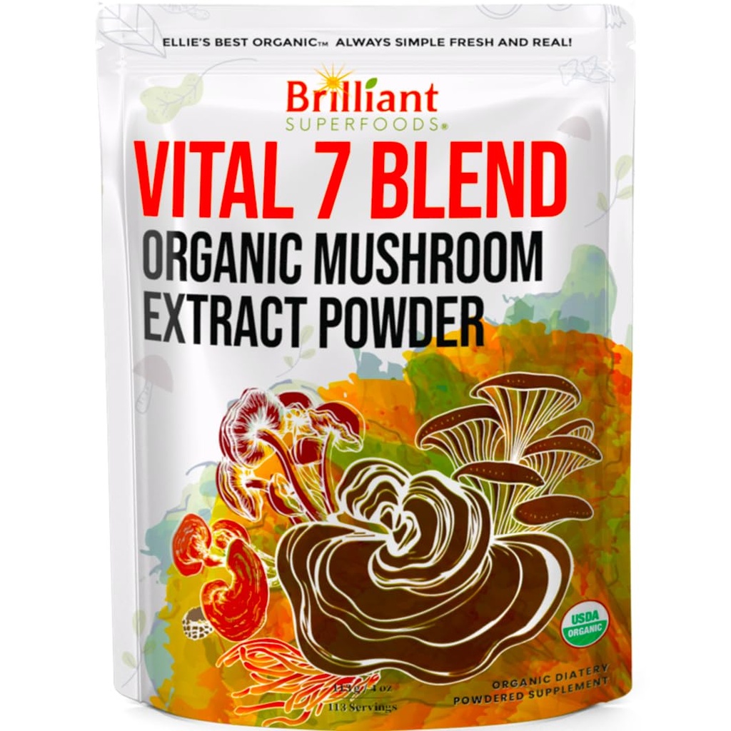 Ellie's Best 7 Sienijauheuute Blend Supplement Luomu 114 Tarjoilut High Potency Double Extracted Cordyceps, Reishi, Turkey Tail, Chaga, Lion's Mane - 4oz