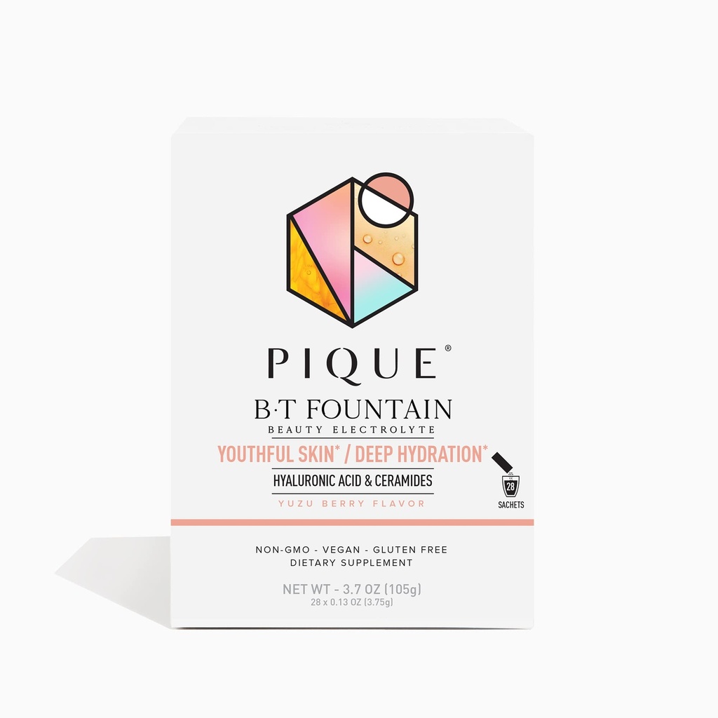 PIQUE BT Fountain Beauty Electrolyte Powder - Hydration Powder Packets med Hyaluronic Acid, Ceramides, Magnesium för Hydrated, Elastic Skin - No Added Sugar - 28 Single Serve Sticks (Pack av 1)