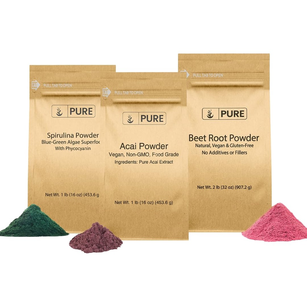PURE ORIGINAL INGREDIENTS Beet Root, Spirulina och Acai Powder Bundle, Olika storlekar, Non GMO, Herbal Supplements