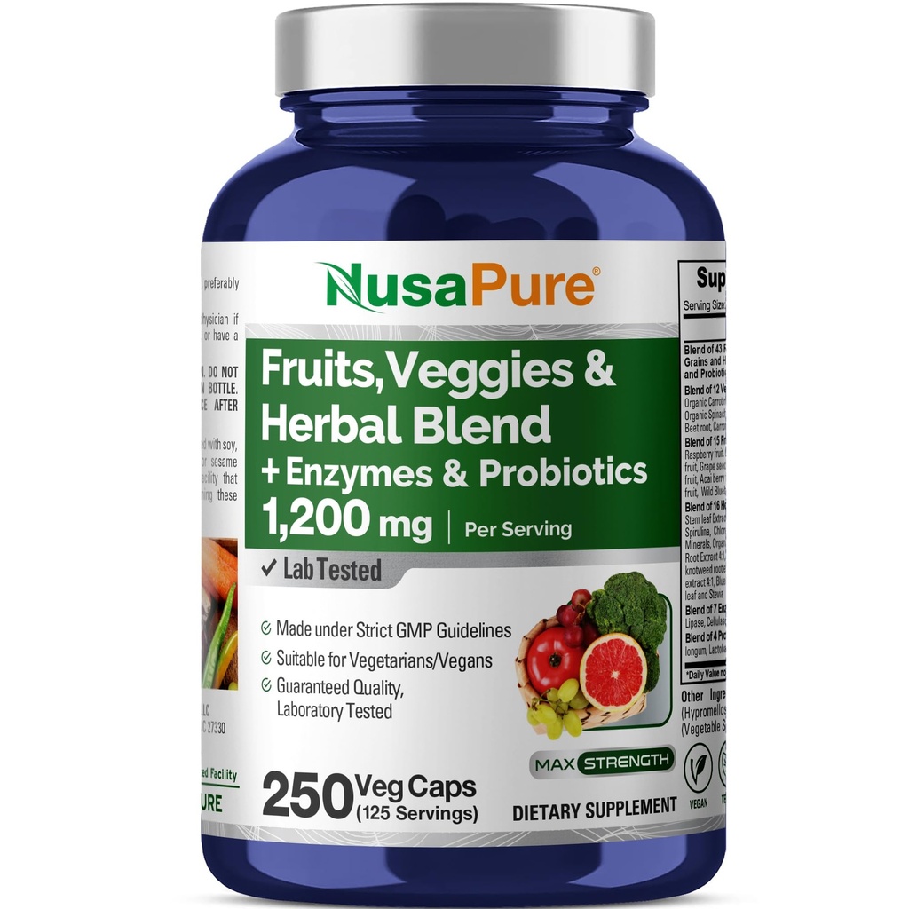 NusaPure 43 Hedelmät ja vihannekset Yrttikasvis, 11 Entsyymit ja Probiootit, 1200 mg, 250 Kasviskapselit (ei-GMO, Vegan)