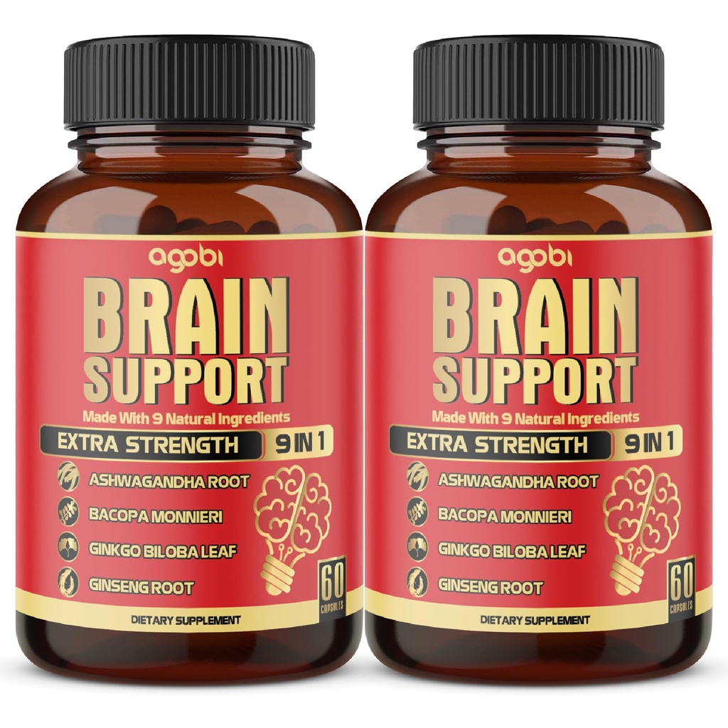 agobi 9in1 Brain Support Supplement - 2 Packs 60 Counts Blended Ashwagandha, Panax Ginseng, Gotu Kola, Ginkgo, Black Pepper & More - Tarkkuus, Focus, Muisti ja energian tuotanto tuki