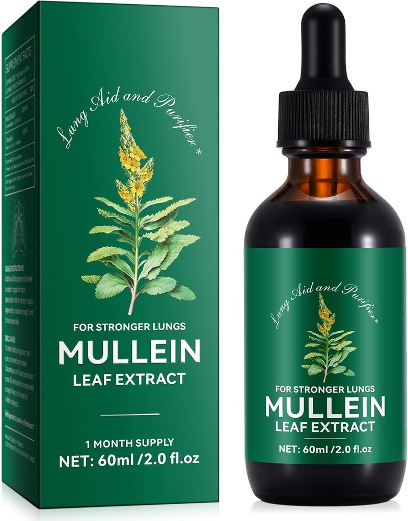 Generic Mullein Leaf Extract - Keuhkojen tuki & Puhdistaja - Hengitystuki & Hellävaraisesti Lung Cleanse - Terve hengittäminen - Luonnollinen ja turvallinen - Nopea imeytyminen - Kasvisruokaa - 60ml, 1 kuukausi Supply