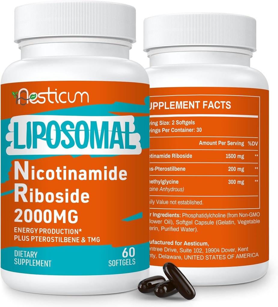 2000 MG Liposomaalinen Nikotinamidi Ribosidi- supplementti TMG & Pterostilbeenin kanssa, korkea hyötyosuus NAD+:n lisäaine, ylivertainen Niacinamidi energialle, immuniteetille, ikäresistenssille, 120 Softgelia