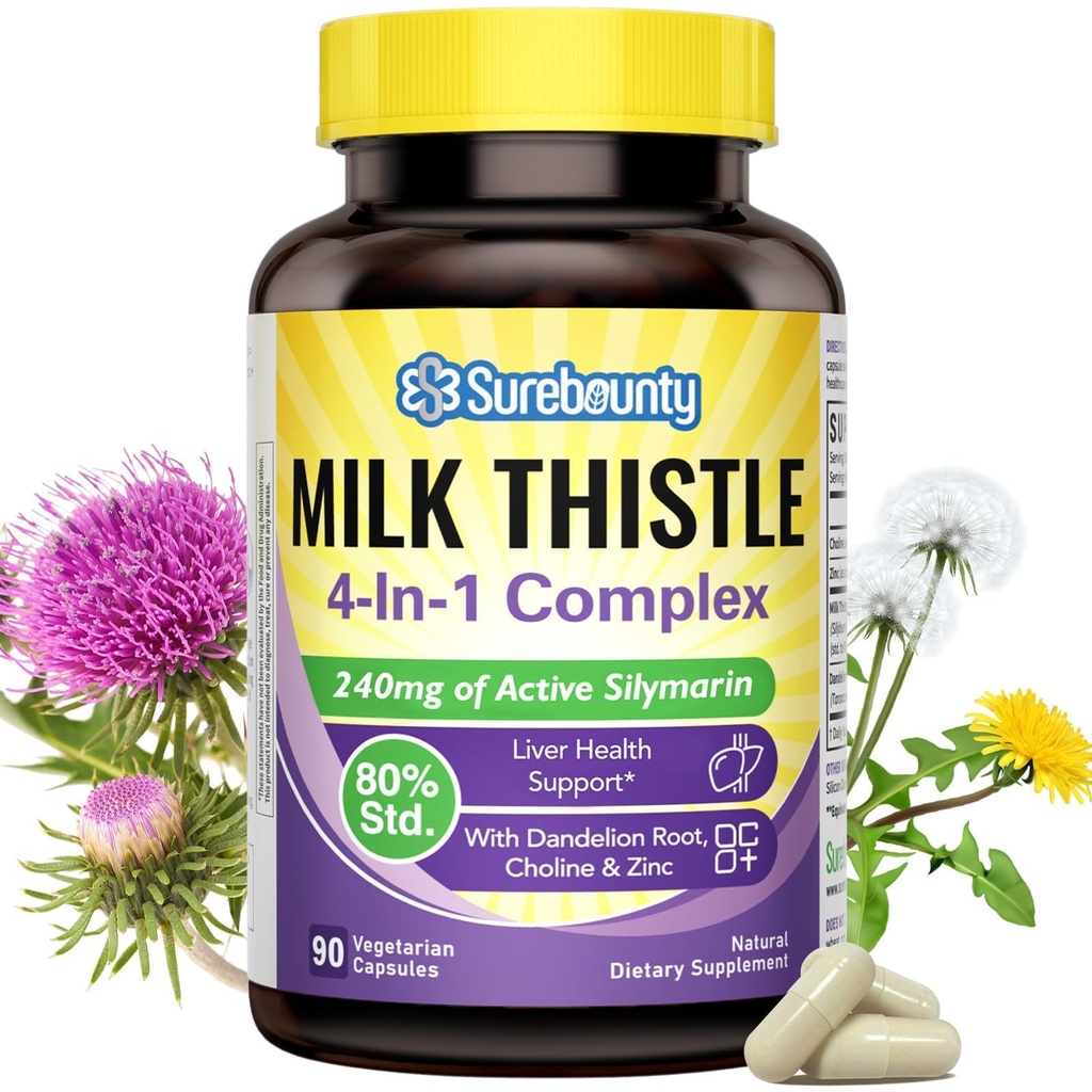 4-in-1 Milk Thistle Complex miesten ja naisten, Milk Thistle Extract kanssa 240 mg aktiivinen Silymarin, 80% Std, voikukka, koliini, sinkki, maksa Detox & Repair, ei-GMO, kerran päivässä, 90 kasvis Caps