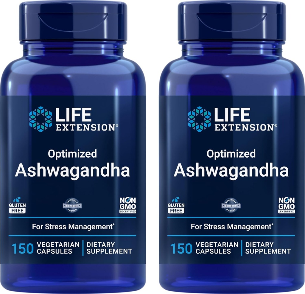 Life Extension Optimoitu Ashwagandha, 150 Veg Caps (Pack of 2) - Ei-GMO, Gluteeniton, Kasvissyöjä Kapselit