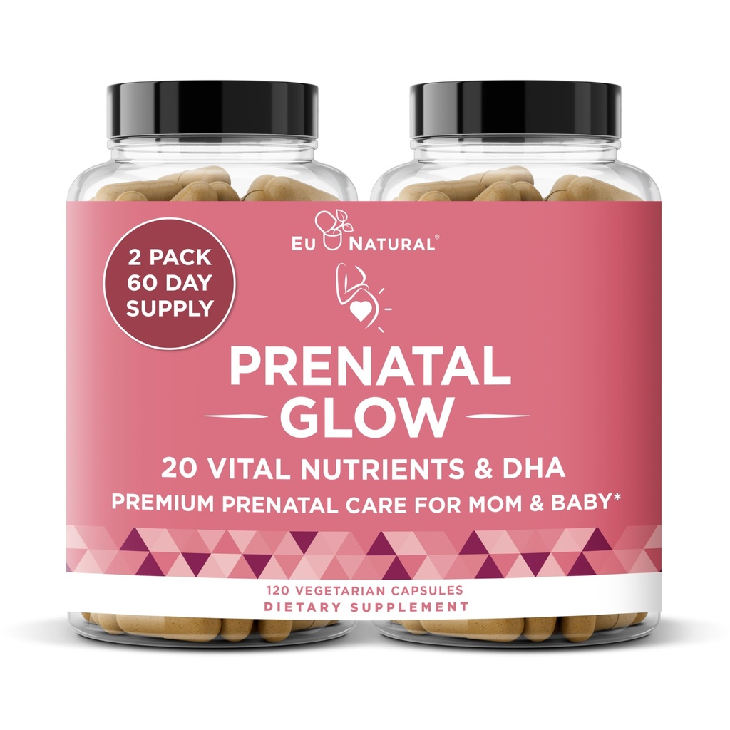 Glöd prenatal vitaminer för kvinnor - 20-i-1 Vital Nutrients för hälsosam graviditet och dödlig utveckling - Folic Acid & Vegan DHA för barnets tillväxt och en bekväm graviditet - 120 närande kapslar