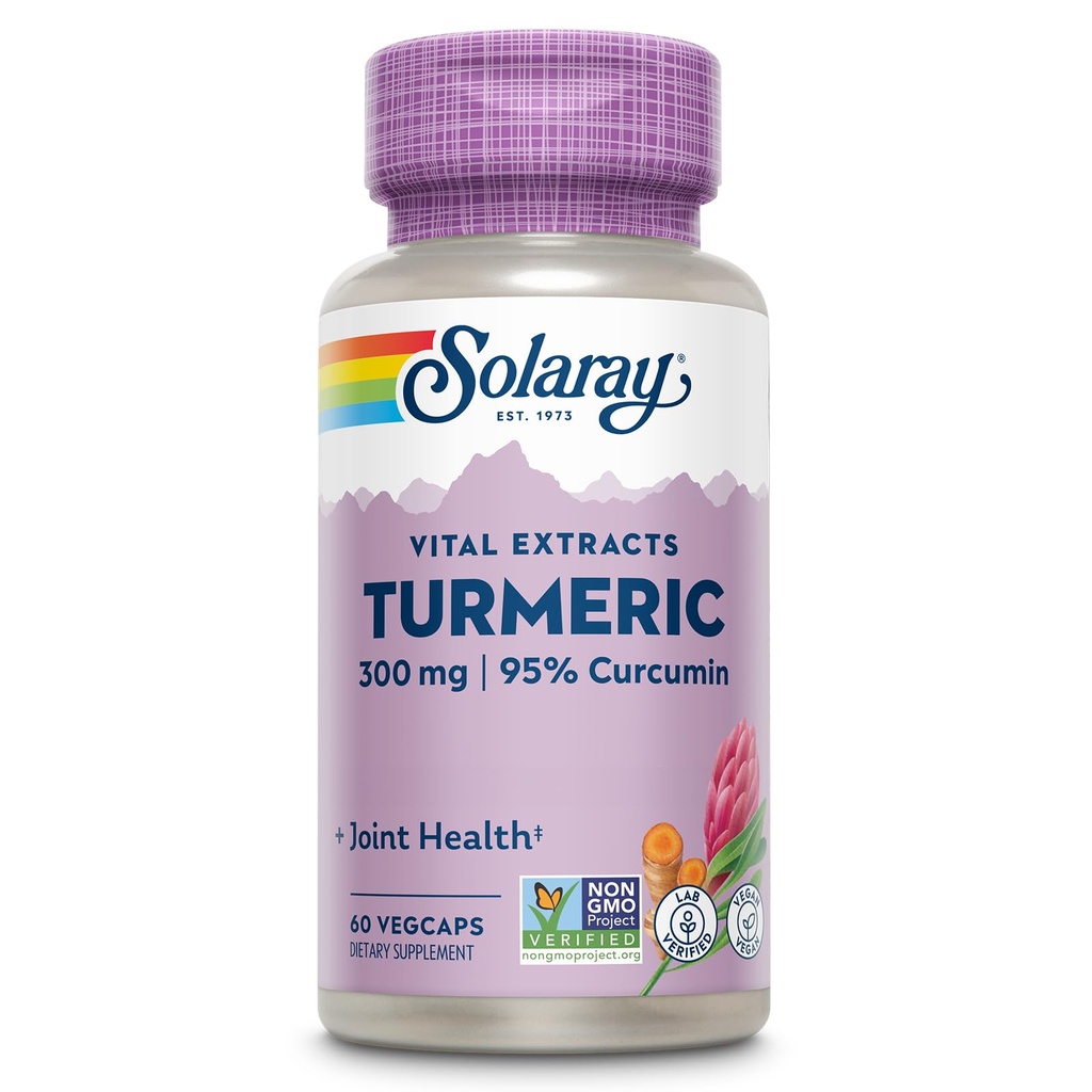 SOLARAY Turmeeric Supplement 300 mg - Turmeerinen juuriuute 95% Curcumin - Joint Support Supplement for Joint Health and Comfort - ei-GMO, Vegan, Gluteeniton, 60 päivän takuu, 60 tarjoilua