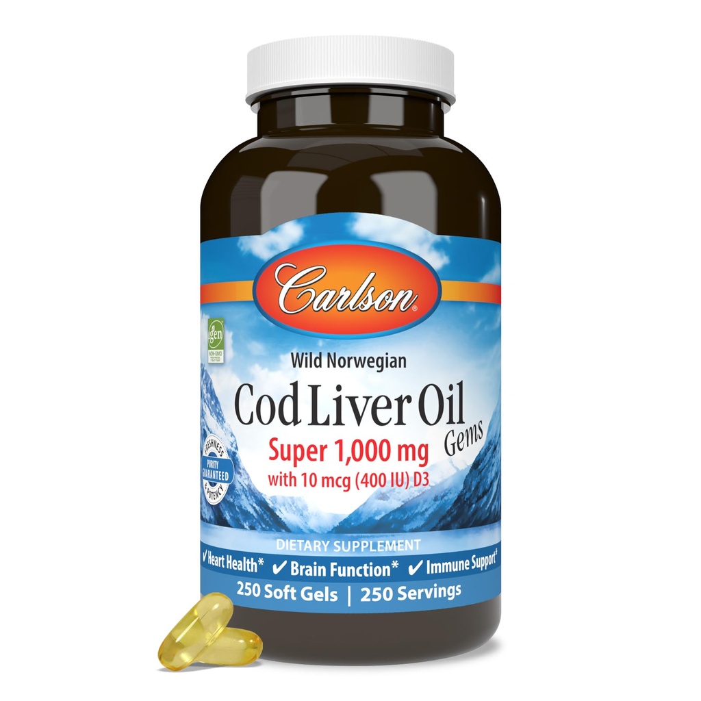 Carlson - Turska Maksaöljy Gems, Super 1000 mg, 250 mg Omega-3s, 400 IU (10 mikrog) D3-vitamiini, Wild Catched Norwegian Arctic Cod Liver Oil, Nordic Fish Oil Kapselit, 250 Softgels