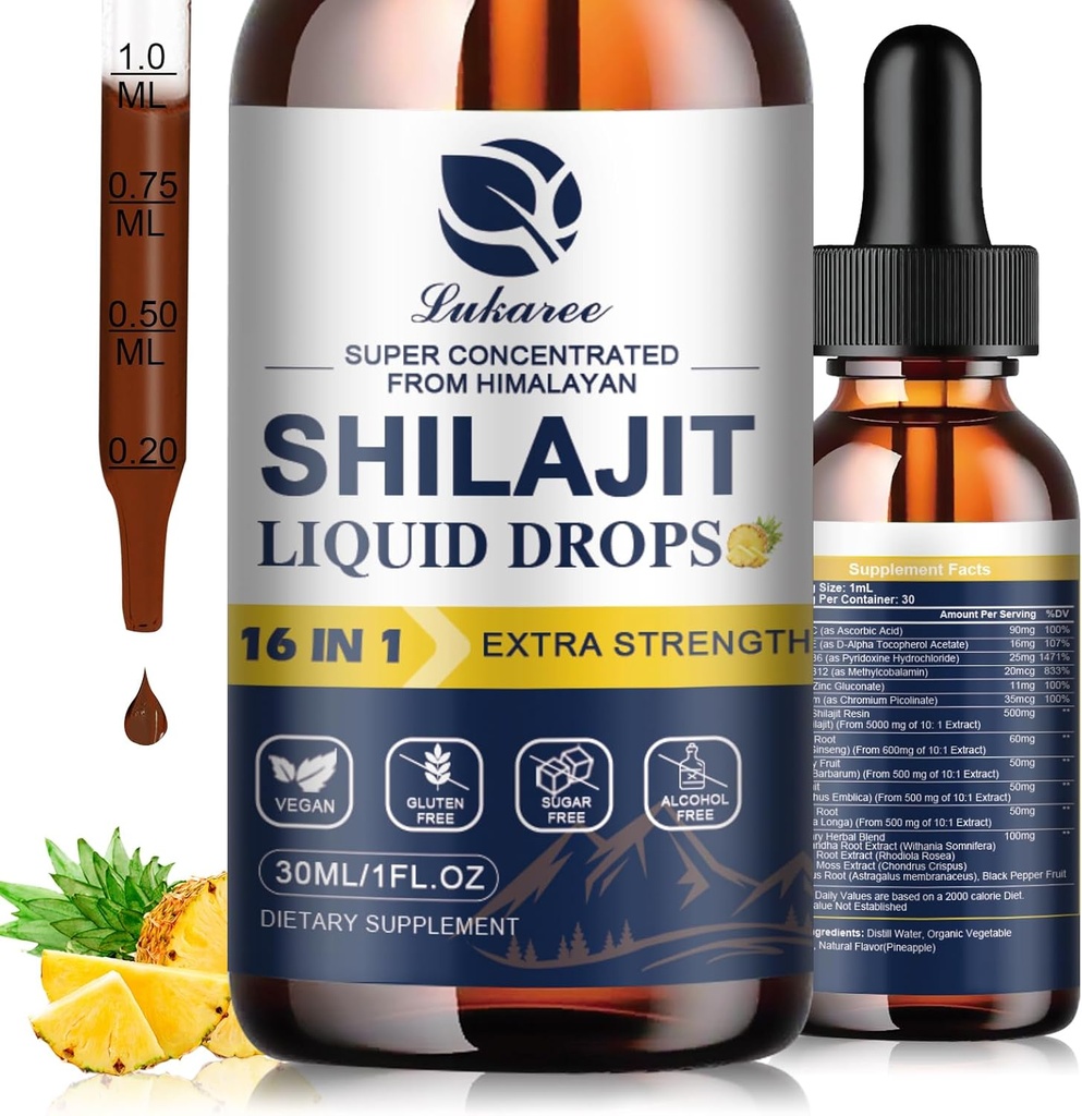16 in 1 Shilajit Resin Liquid Drop, Shilajit W/Ginseng, Turmeric, Rhodiola, Wolfberry, Amla & Vitamiines, Shilajit Supplement for Men & Women with 85+ Trace Minerals & Fulvic Acid, 1 Fl Oz