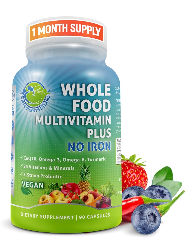 Vegan Whole Food Daily Multivitamin utan järn, metylerad multivitamin för kvinnor och män, gjord med frukt och grönsaker, B-Complex, probiotika, enzymer, CoQ10, Omegas, gurkmeja, icke-GMO, 90 greve