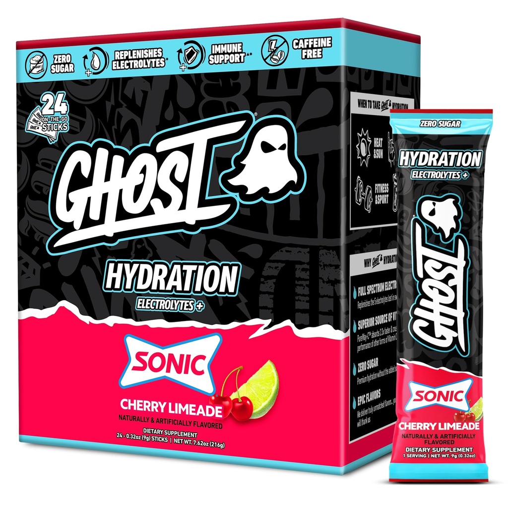 GHOST Hydration Packets, Sonic Cherry Limeade, 24 Sticks, Electrolyte Powder - Drink Mix Supplement med Magnesium, Kalcium, Vitamin C - Vegan Friendly, Fri från Soja, Sugar & Gluten