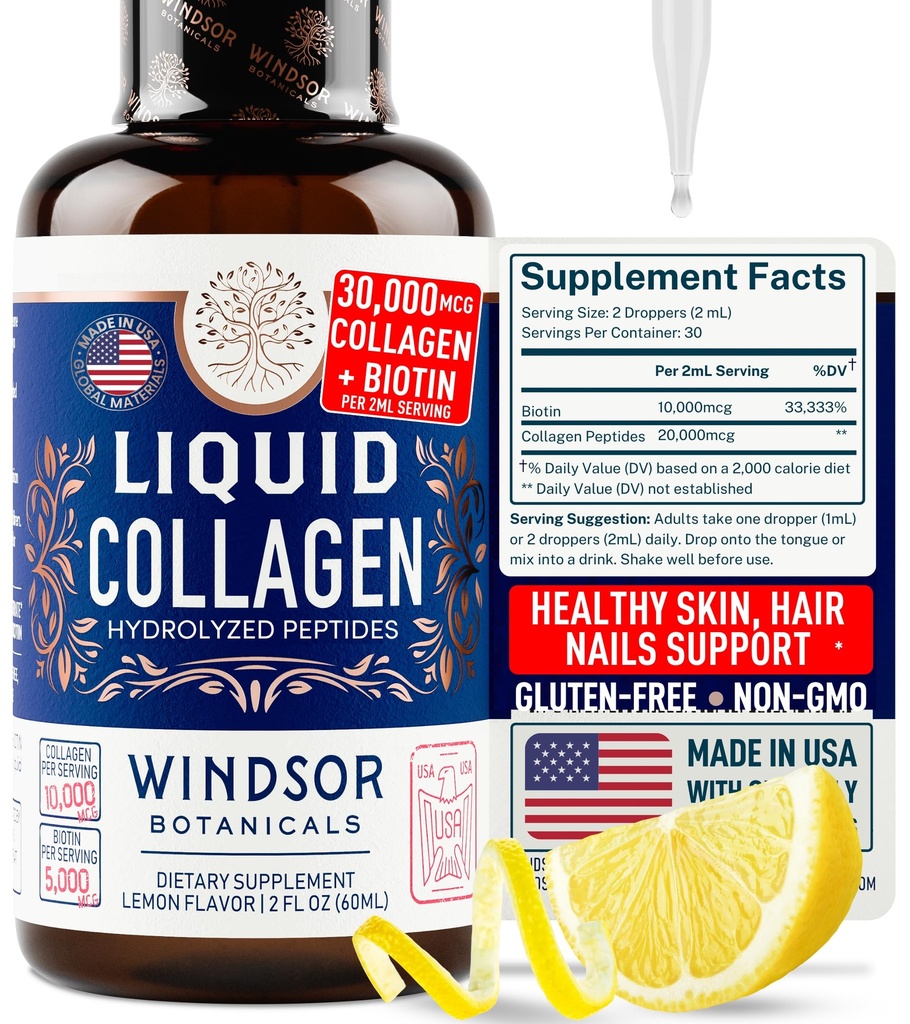 Tiivistetty neste kollageeni Peptides täydennysosa - 30,000 mcg Hydrolysoitu neste kollageeni naisille plus Biotiini hiukset, iho, kynsien tuki - Sublingual Direct Drops tai Drinks - Natural Sitruuna juoma 2 oz