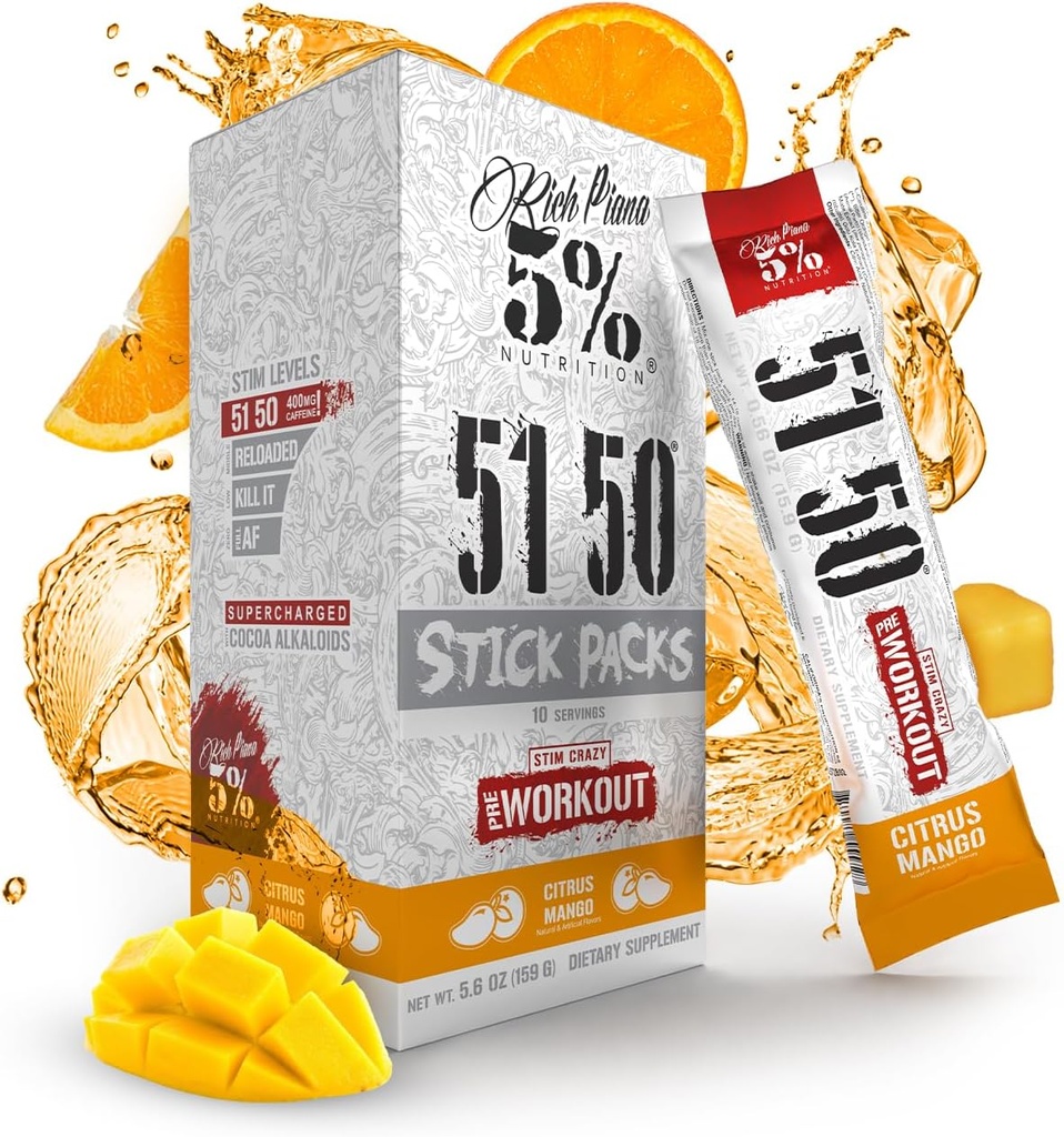 5% Nutrition Rich Piana 5150 High Stim Pre-Workout Powder Packets | Extreme Energy, Focus, Pumps & Endurance | 513 mg koffeinkomplex, Citrulline, Beta Alanine, L-Tyrosine (Citrus Mango) (10 greve)