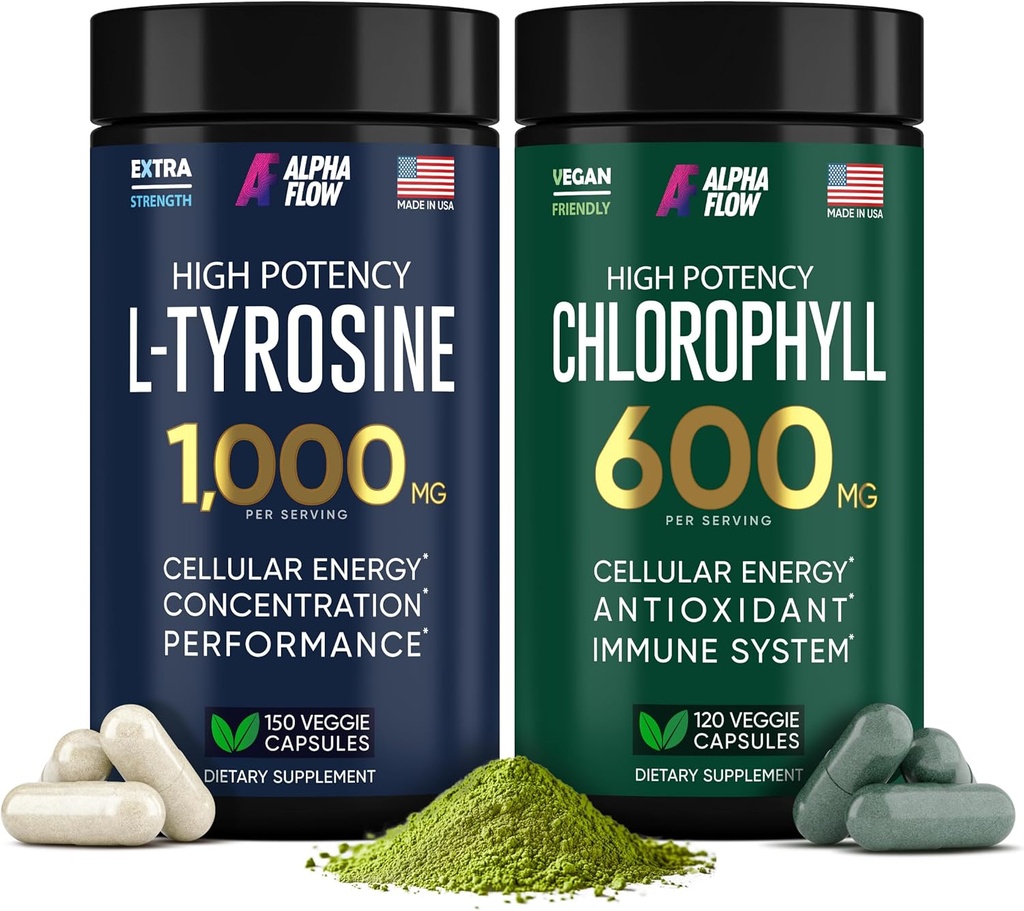 (Bundle) Chlorophyll & L Tyrosine Capsules - Natural Energy, Immunity and Focus Supplement - 600 mg Chlorophyll för Freshness + 1000 mg L-Tyrosine för Focus & Mental Clarity - Tillverkad i USA