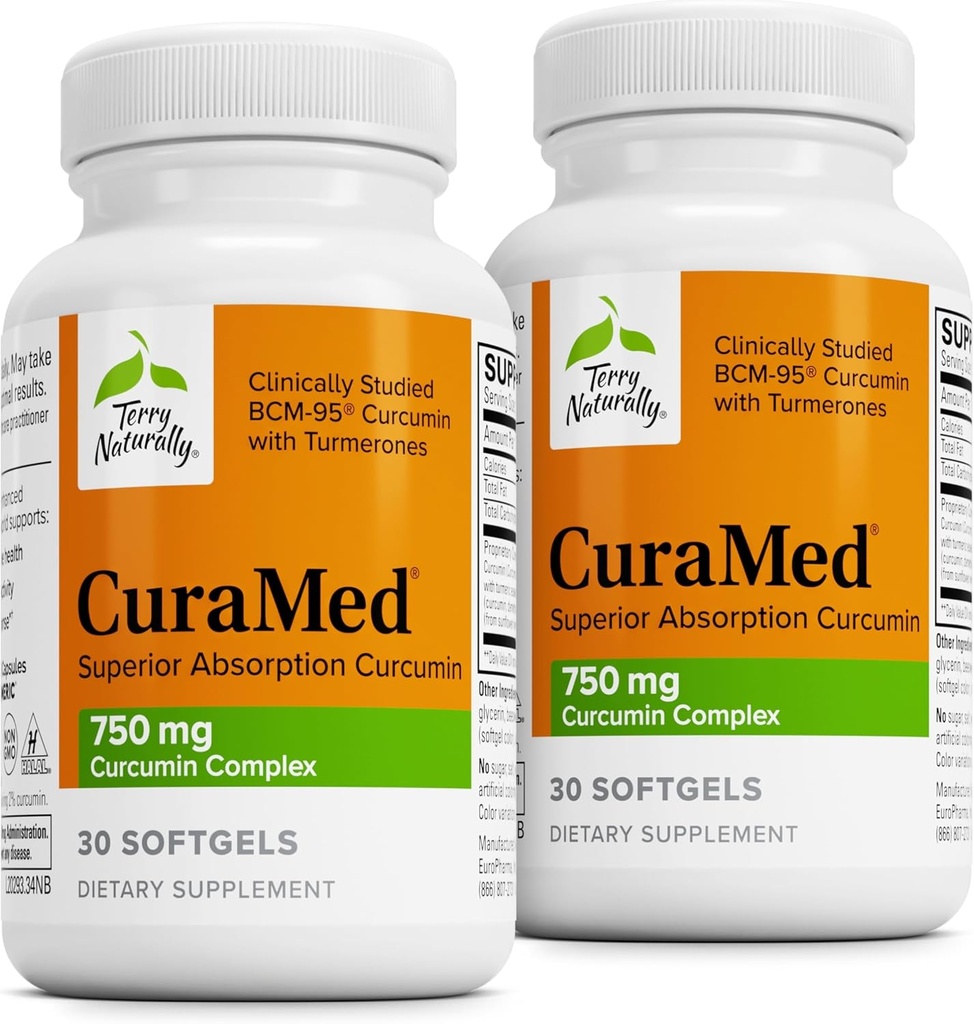 Terry Naturligt CuraMed 750mg - Antioxidant Supplement för hjärn- och hjärthälsa - Tillägg med hög styrka Curcumin Complex - Njure, Lever & Immune Health Support - 30 Softgels (Pack of 2)
