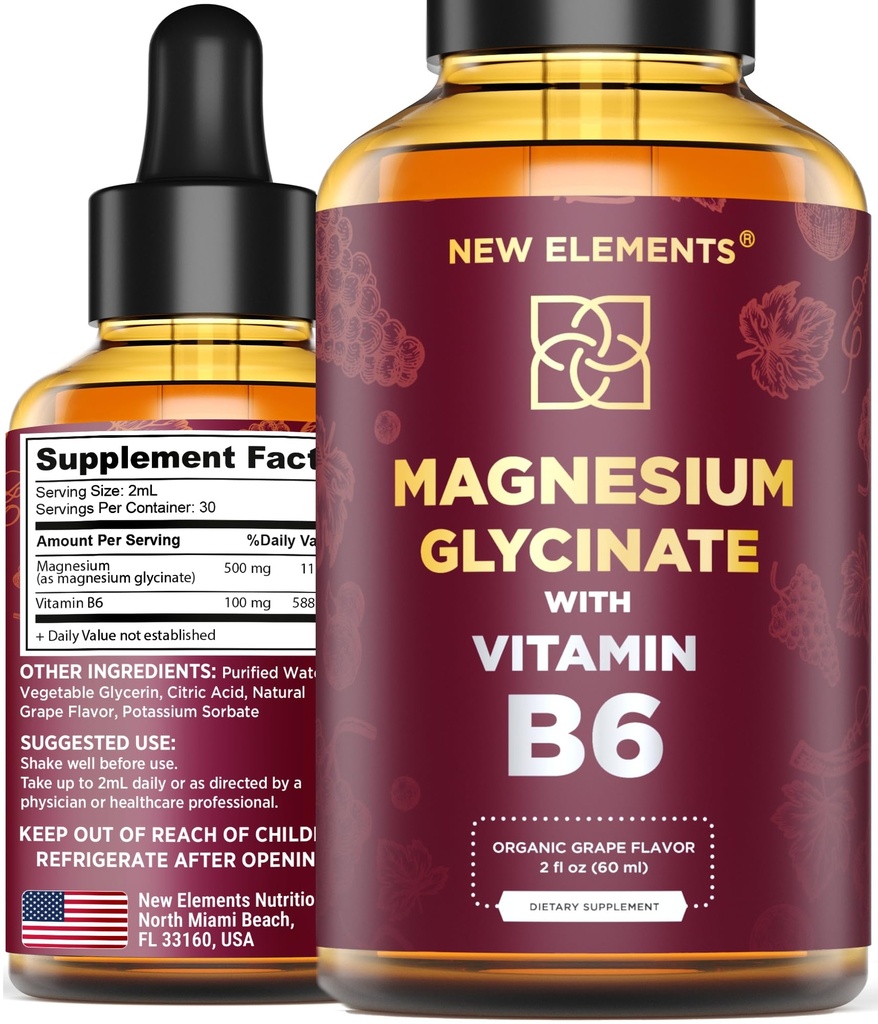 Liquid Magnesium Glycinate Drops with vitamiin B6 - Magnesium Supplement 500mg & B6 100mg ...