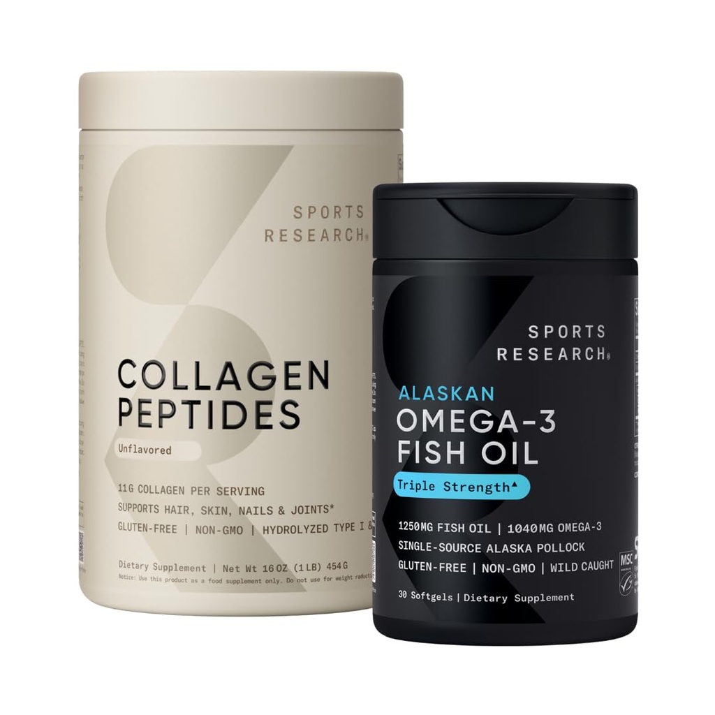Sports Research Triple Strength Omega 3 Fish Oil 1250mg Burpless Supplement with Omega3s EPA & DHA non-GMO, Gluteeniton ja kollageeni Peptides for All Sukupuolet Hydrolysoitu tyyppi 1 & 3 Jauheproteiini