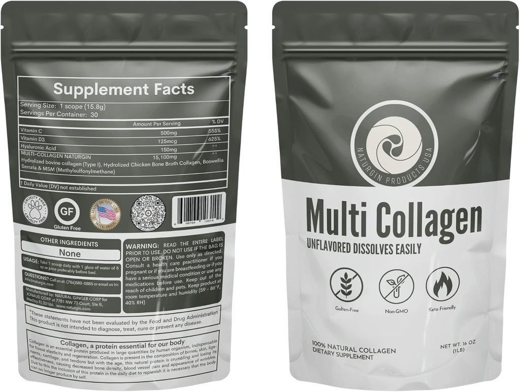 Hydrolisoitu kollageenijauhe tyyppi I ja II. Vanilla Flavored 482g hyaluronihappo, MSM, D3-vitamiini ja Boswellia Serrata naisille ja miehille