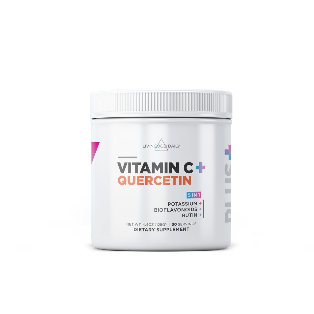 Livingood Päivittäinen suuri annos C-vitamiinia Powder Supplement, 2600 MG Askorbiinihappoa Powder tukee Immuniteetti & ihon terveys, jauhettu C-vitamiini Quercetin, makeutettu Stevia, Vegan, 30 tarjoilua