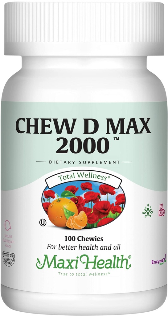 Maxi Health purutabletti D3 2000 IU täydennysosa - herkullinen luonnollinen kupla Gum Flavor - tukee kalsiumin imeytymistä, immuuni- ja luuterveyttä aikuisilla naiset, miehet, lapset ja pikkulapset - 100 Chews