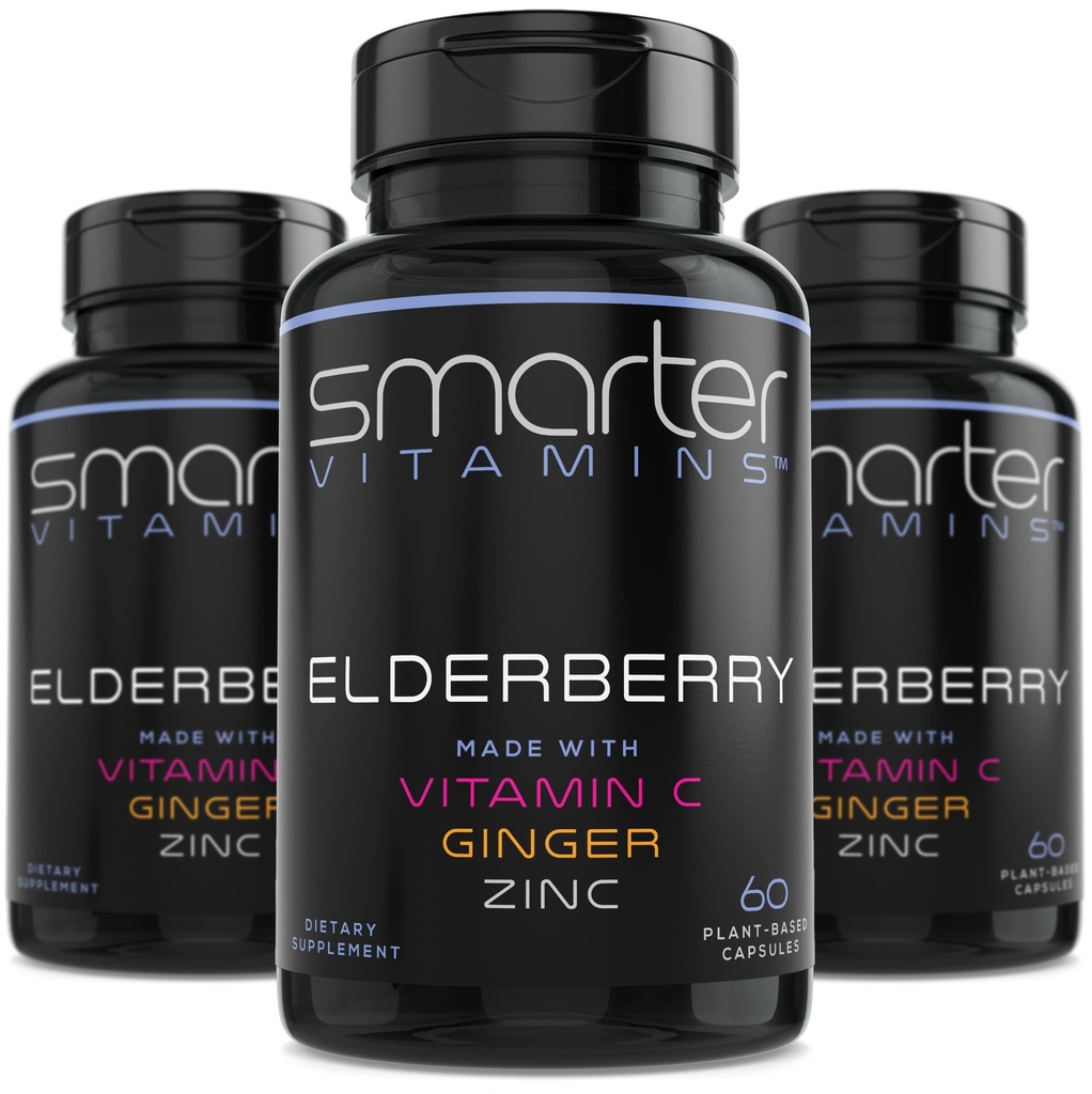(3 pakkaus) Smarter Elderberry kapselit + C-vitamiini + inkivääri & sinkki, kasviperäisten täydentää, voimakas musta vanhusmarjauute antioksidantti vitamiini, 180 vegaanisia pillereitä