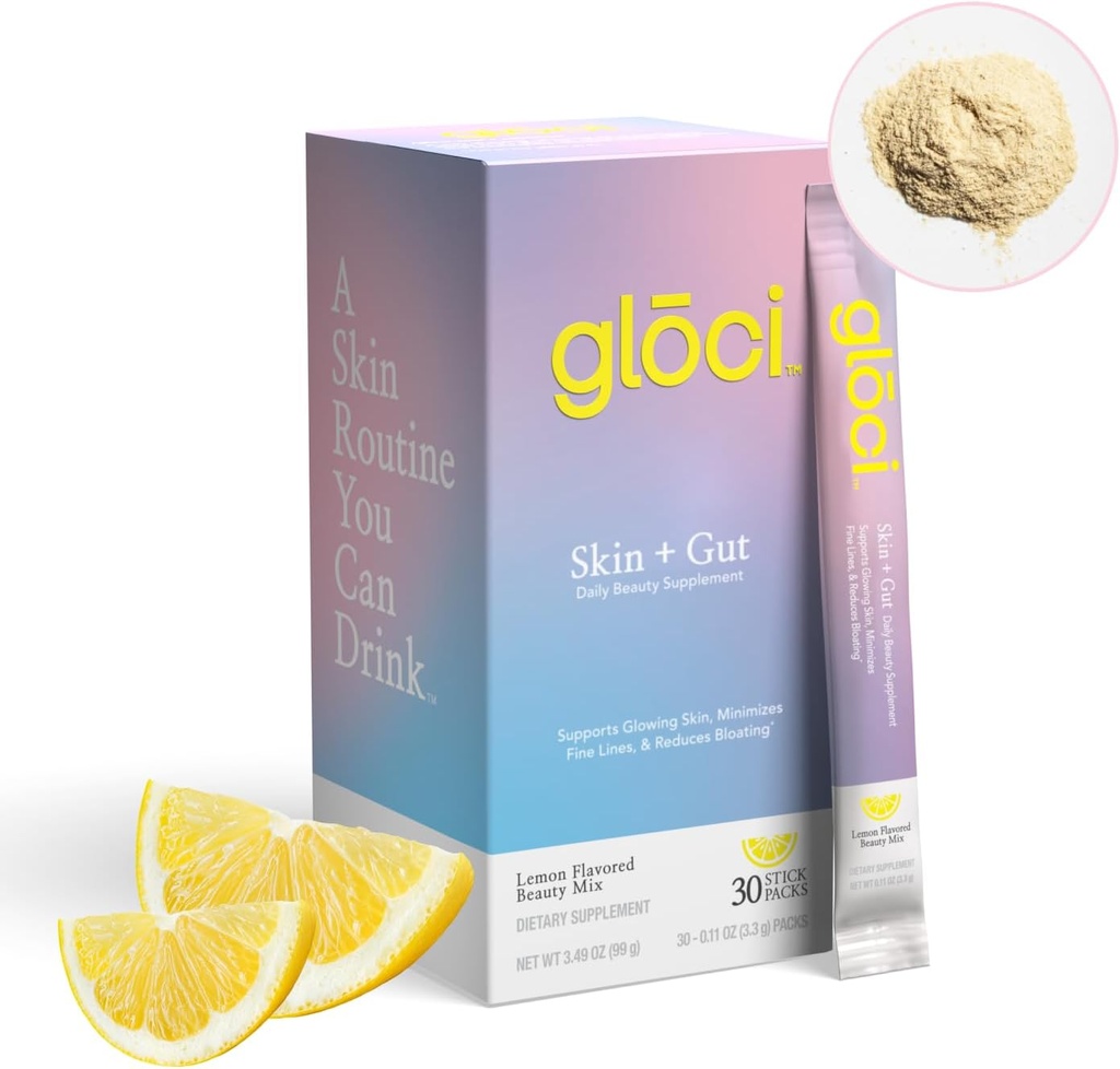 Gloci Skin + Gut - Probiootti DE111 - Hyaluronihappo, magnesium, C-vitamiini, sinkki, Coconut Water Powder - Kliinisesti tutkittu Probiootti Radiant Skin, Gut Health, Hydraation - 30 Count