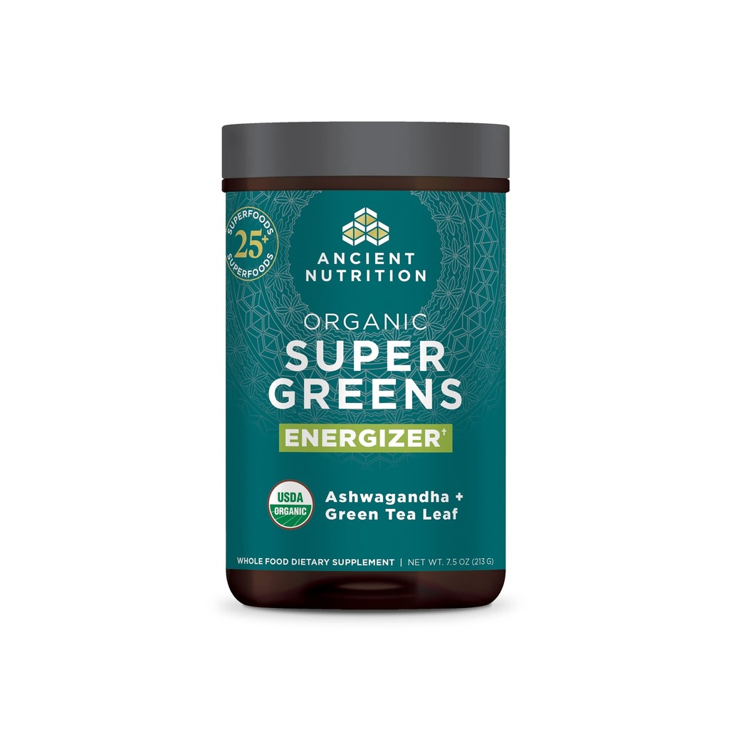 Ancient Nutrition Organic Supergreens Energizer Powder with Probiotics and B12, Made from Real Fruits, Vihannekset ja Yrtit, for digestive, Detoxification and Energy Support, 25 Servings