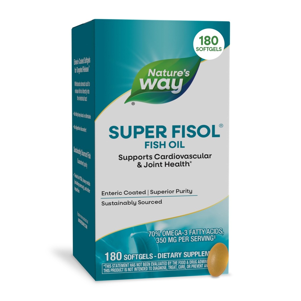 Nature's Way Super Fisol Fish Oil, Enteric päällystetty, tukee kardiovaskulaarisia ja yhteinen terveys*, Mega Potency Omega-3s, 180 Softgels (Packaging May Vary)