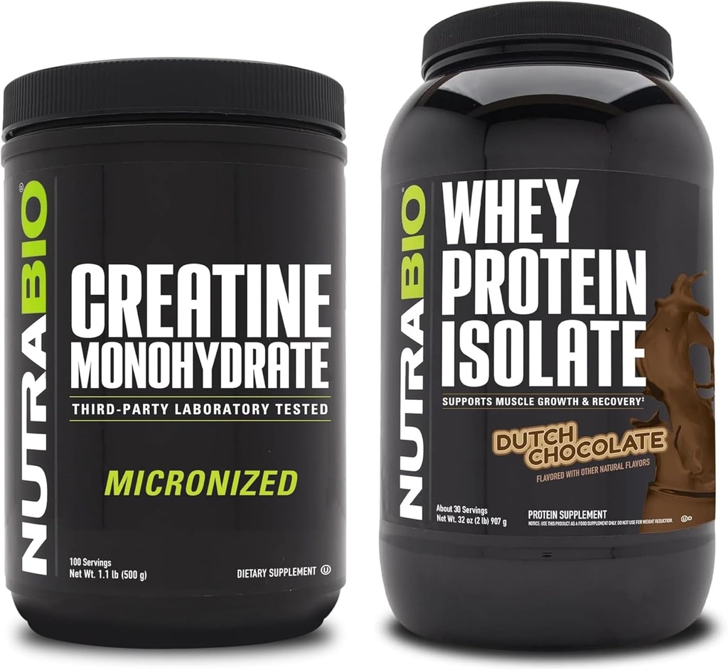 NutraBio Creatine Monohydrate, Unflavored, 500g och Whey Protein Isolate, nederländsk Chocolate, Supplement Bundle - Muscle Energy, Lean Muscle Growth, Recovery och Strength