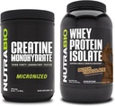 NutraBio Creatine Monohydrate, Unflavored, 500g och Whey Protein Isolate, nederländsk Chocolate, Supplement Bundle - Muscle Energy, Lean Muscle Growth, Recovery och Strength