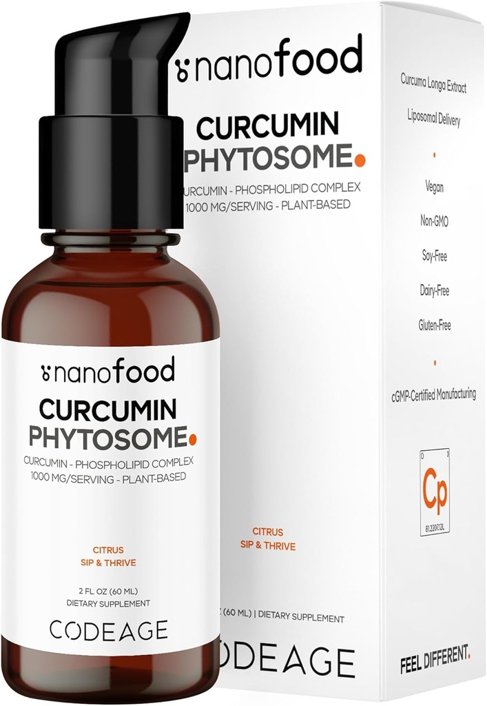 Koodi Liposomaalinen Curcumin Phytosome Liquid Supplement, Kurkuma Vegan Liquid Drops, Plant-Based Curcuma Longa Dropper, Curcumina, Auringonkukan fosfolipidi, sokeriton, Citrus Flavor, 2 fl oz