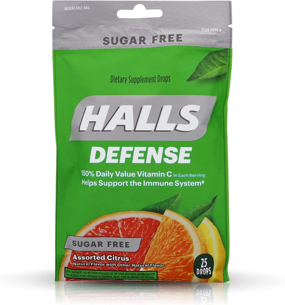 Halls puolustus C-vitamiini Drops sokeriton assorted Citrus - 25 ct, pakkaus 4