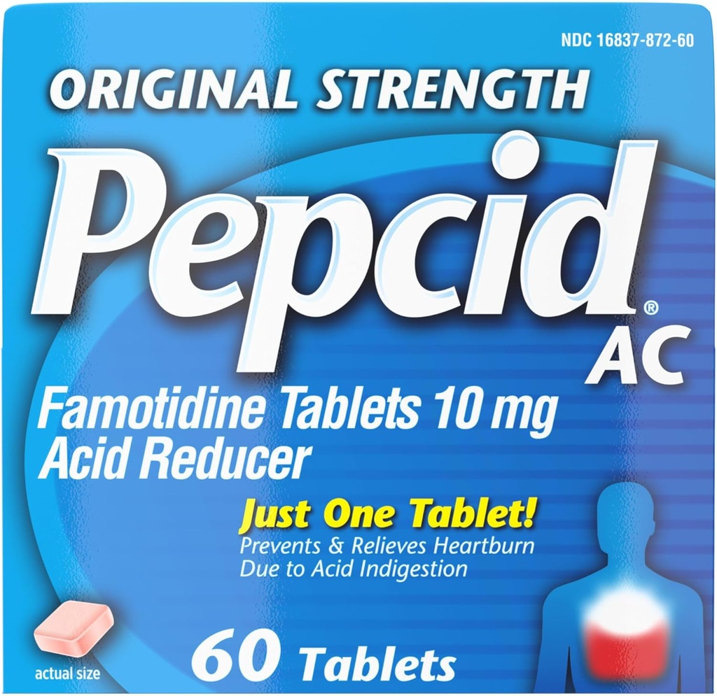 Pepcid AC Original Strength Heathburn Relief -tabletit ehkäisevät ja lievittävät närästystä happoisen ruoansulatushäiriön ja hapan mahan vuoksi, 10 mg fomotidiinia happopitoisuuden vähentämiseksi, nopea toiminta, 60 t